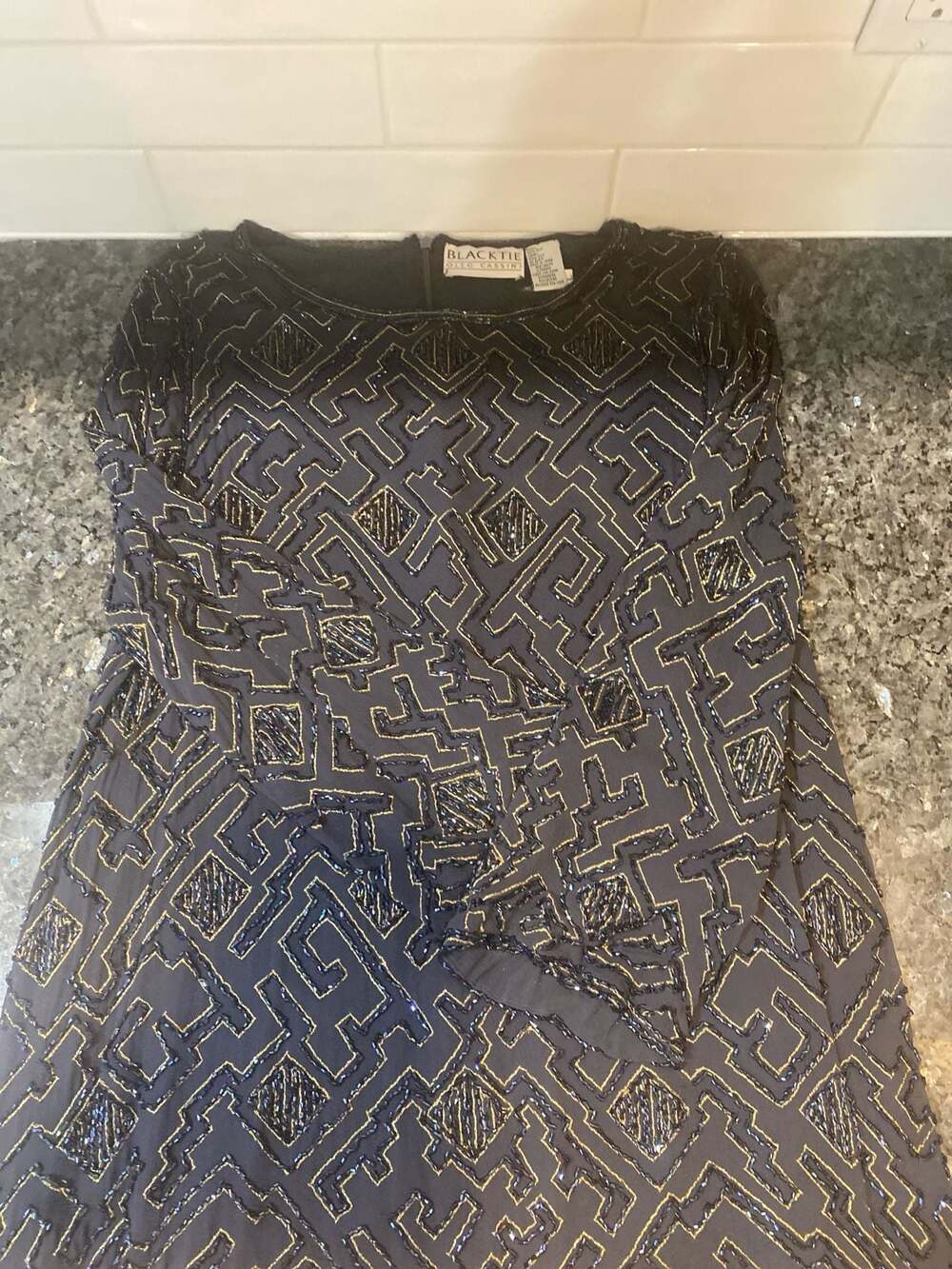 Black Tie by Oleg Cassini Geometric Beaded Long Sleeve Top with Invisible Half Z